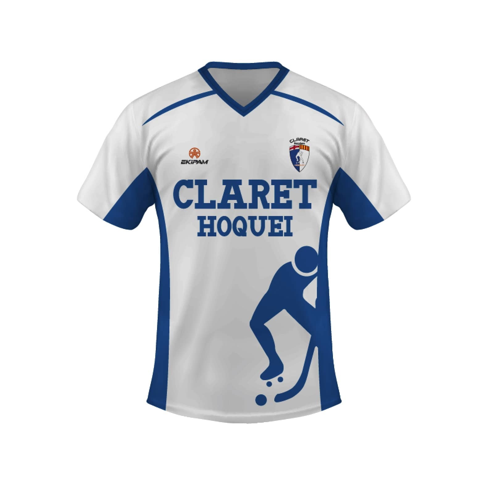 Camiseta blanca y azul con el logo de Claret y un diseño de jugador de hockey.